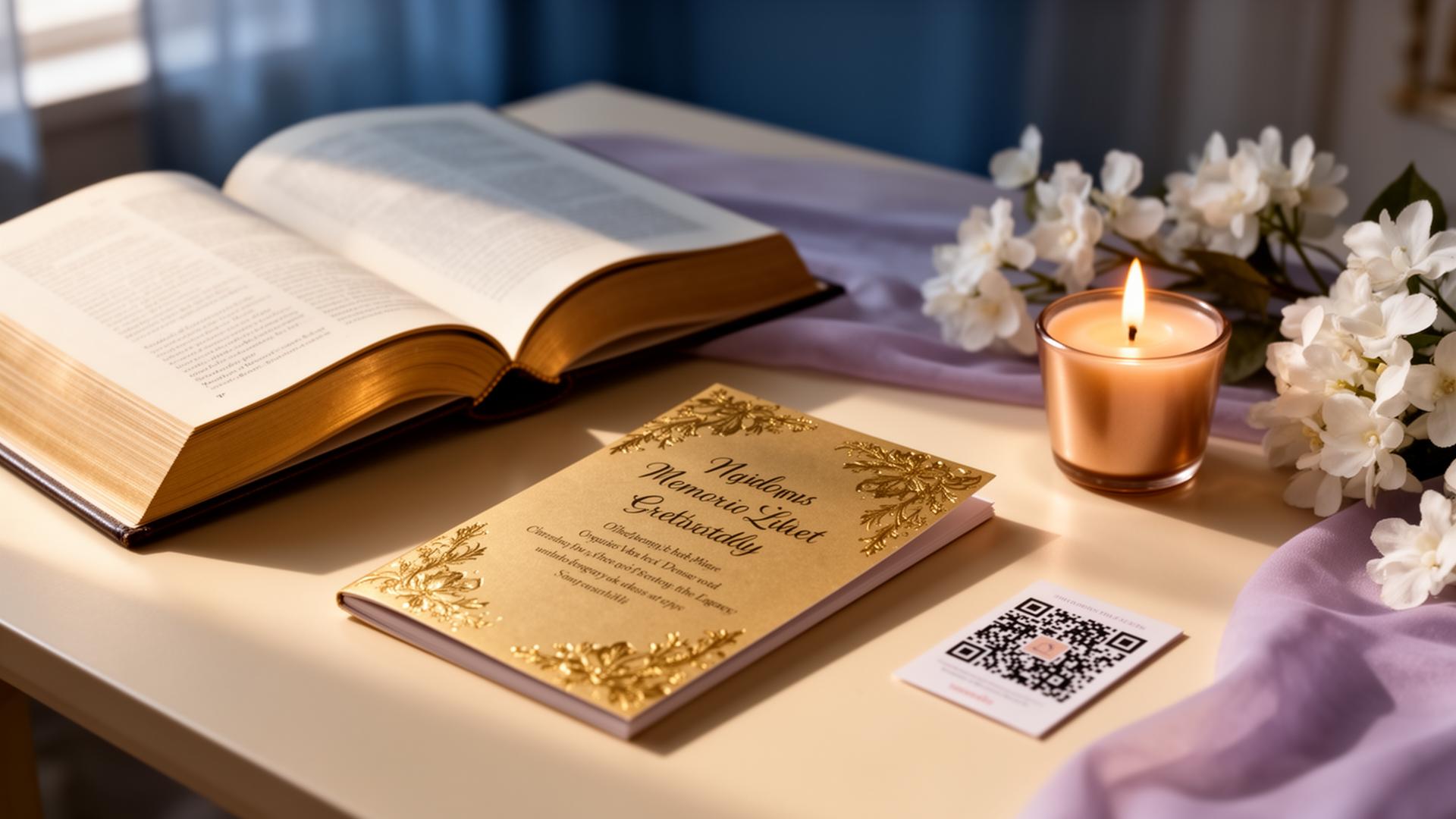 Open legacy memorial book with gold-foil program, candle and pressed florals